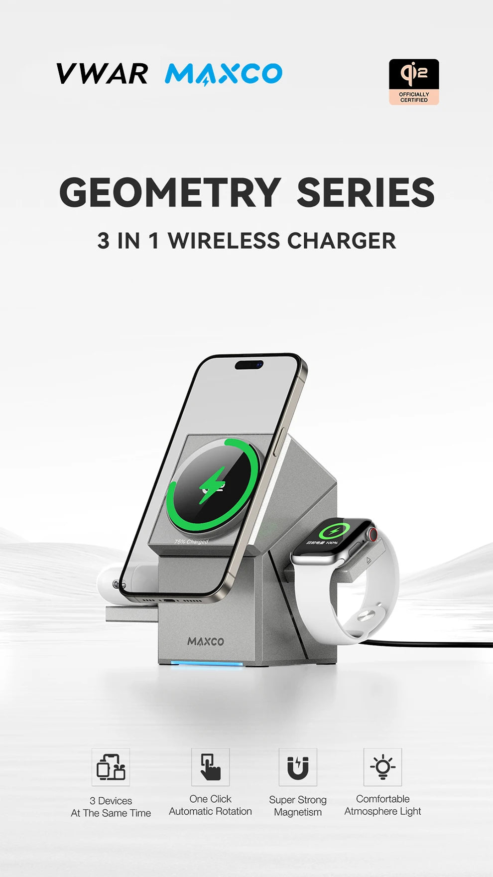 MAXCO Qi2 3-in-1 Wireless charger with Auto-Rotating Phone Dock compatible with MagSafe for iPhone Apple Watch Ultra 2 Airpods