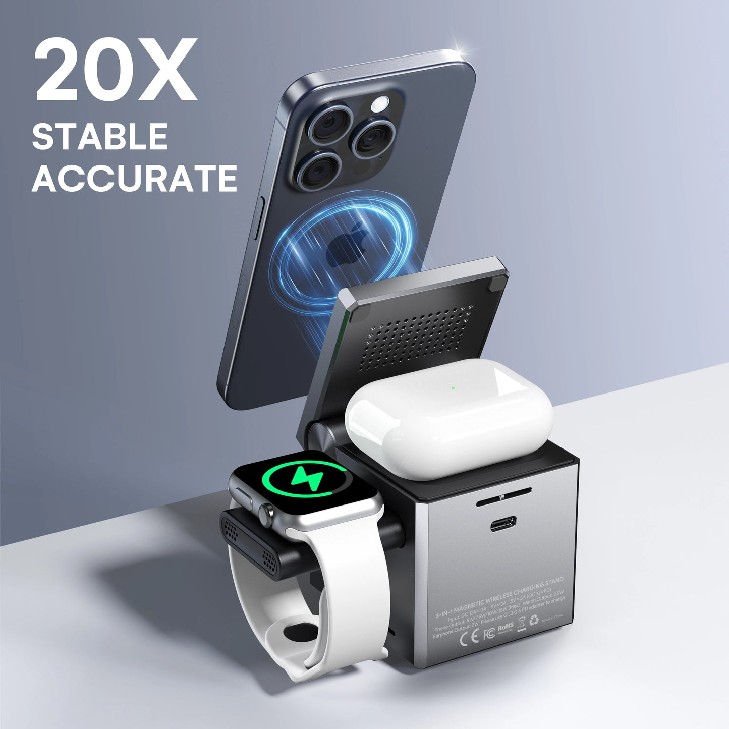 ZeeHoo 3 in 1 Charging Station Multiple Devices Apple, MagSafe Portable Charger iPhone Wireless Stand, Travel Charger for iPhon