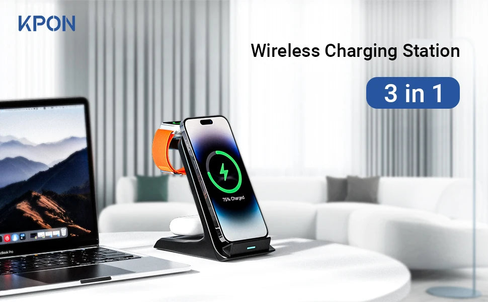 KPON 3 in 1 Wireless Charger Stand Fast Charging Station Dock For iPhone 16/15/14/13 Pro Max Apple iWatch 9/8/7/6/5 Airpods 3/2