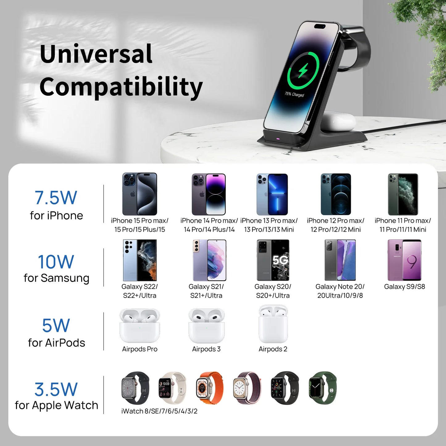 KPON 3 in 1 Wireless Charger Stand Fast Charging Station Dock For iPhone 16/15/14/13 Pro Max Apple iWatch 9/8/7/6/5 Airpods 3/2