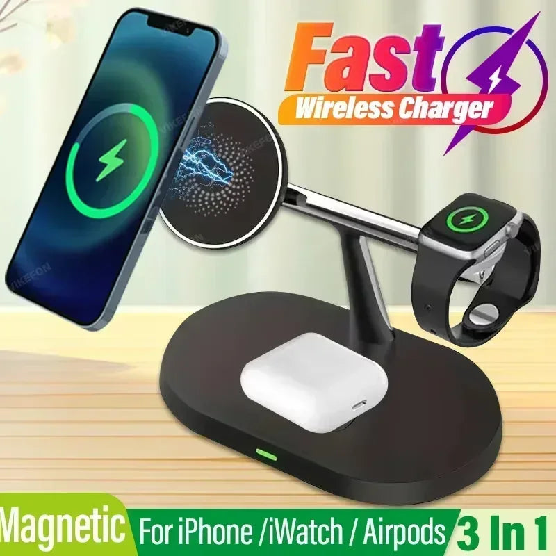 3 In 1 Magnetic Wireless Charger Stand For iPhone 16 15 14 Pro Max Apple Watch 9 8 7 Airprods Fast Charging Station Dock Holder