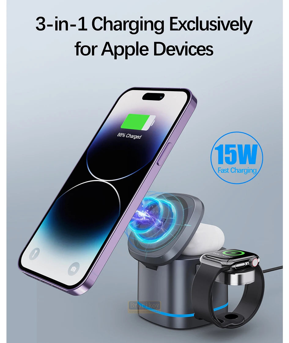 3 in 1 Transparent Magnetic 15W Wireless Charger Charger Stand For iPhone 14 13 12 ProMax Airpod Pro Watch 8 SE Charging Station