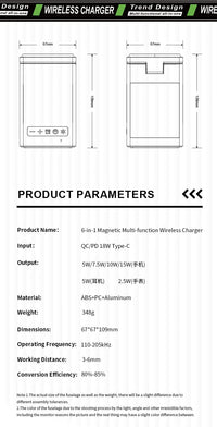 6 in 1 Magnetic Multi-function Bluetooth Speaker Wireless Charger with Alarm Clock for Multiple Devices and Time Display