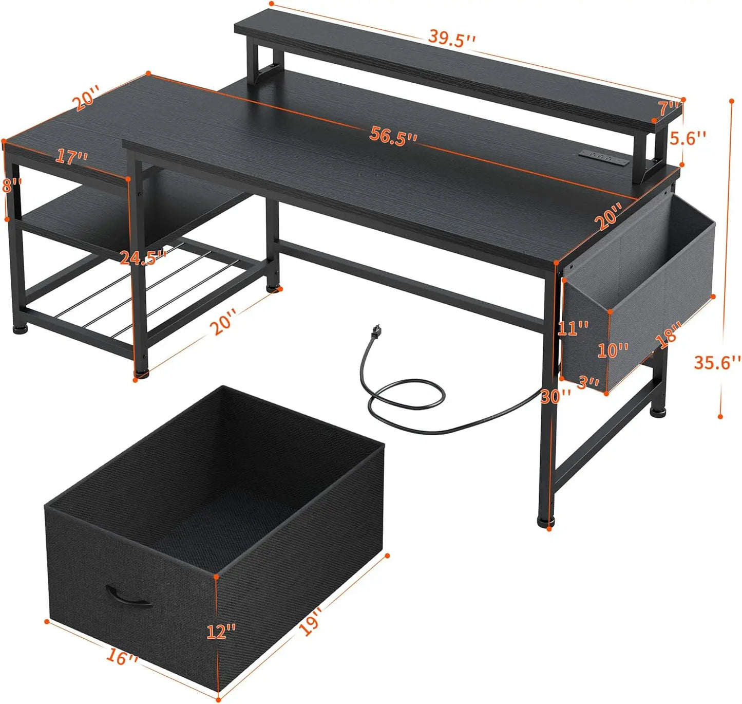 56.5" Computer Desk with Power Outlets,Home Office Desk with Fabric File Cabinet,Study Writing Gaming Desk with Monitor Shelf