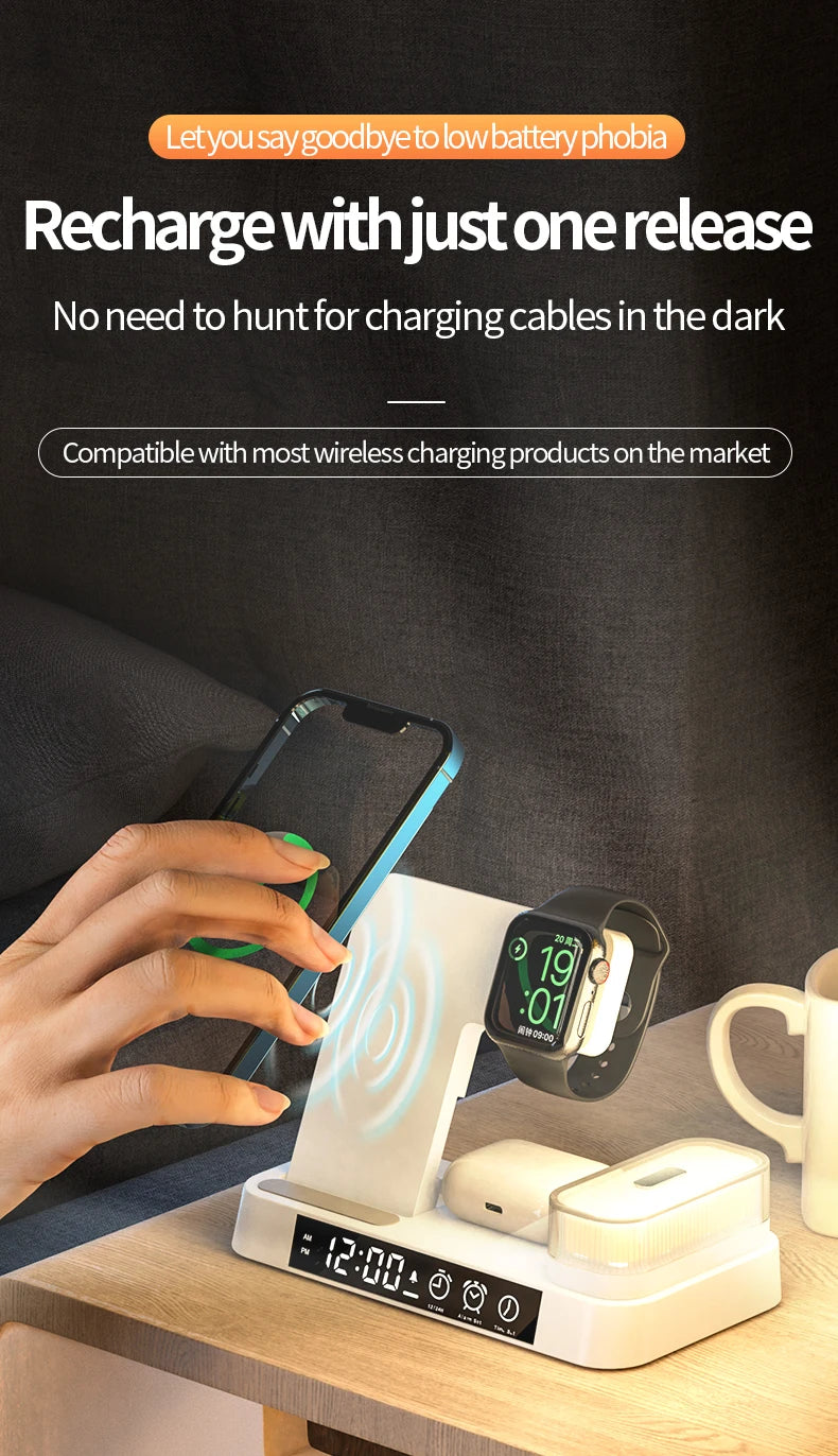 30W 3 In 1 Wireless Charger Stand Pad Alarm Clock Night Light Fast Charging Station Dock for iPhone Samsung Galaxy Watch IWatch