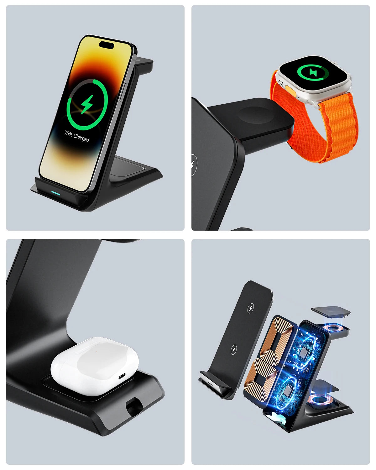 KPON 3 in 1 Wireless Charger Stand Fast Charging Station Dock For iPhone 16/15/14/13 Pro Max Apple iWatch 9/8/7/6/5 Airpods 3/2